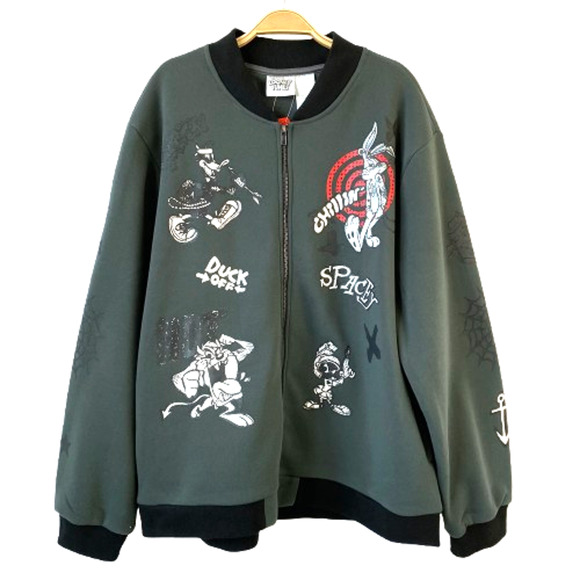 Warner Bros Y2K Looney Tunes Bomber Jacket Men XL Gray Cartoon Graphic Print NWT - Picture 1 of 9